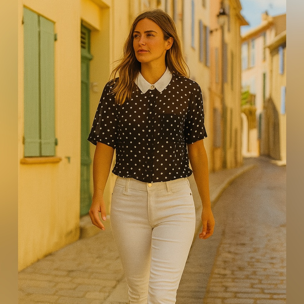 SUZY SHIER Polka Dot Sheer Blouse Large